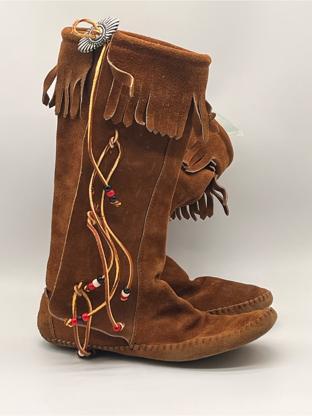 Vintage Taos Brown Suede Fringe Beaded Knee-high Moccasin Boot Men 10.5 Women 12